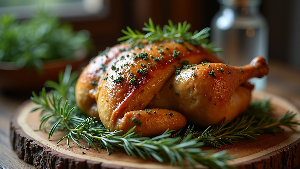Close-up of a herb-crusted roast chicken on a rustic wooden board