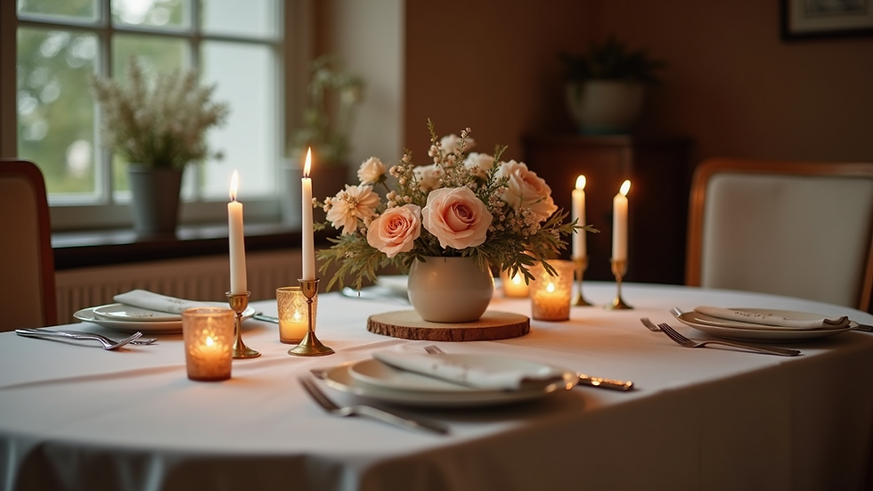 Eye-level view of a cozy dining table set with candles and simple floral centerpiece