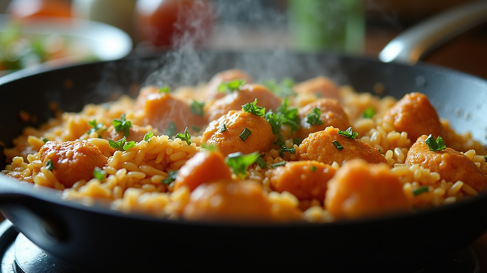 Eye-level view of a colorful one-pot chicken and rice dish simmering in a skillet