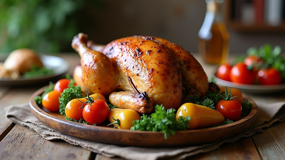 Close-up view of a rustic wooden table with a colorful roasted chicken and vegetables platter