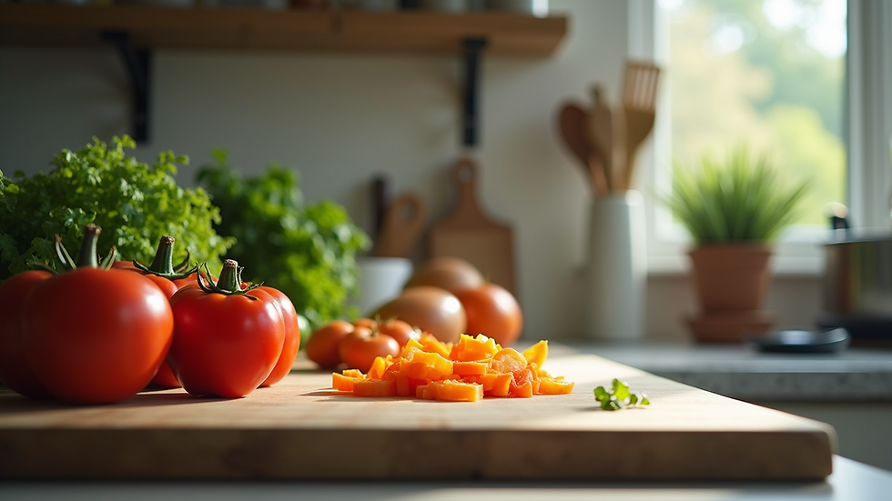 Eye-level view of a kitchen counter with neatly chopped vegetables and cooking utensils