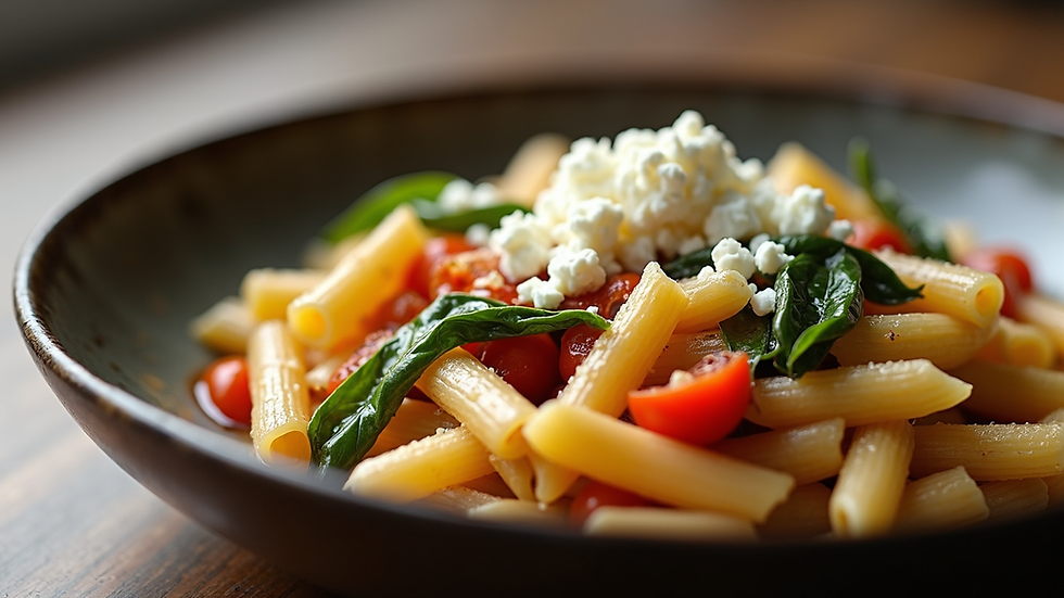 Close-up view of a bowl of pasta with roasted vegetables and feta cheese