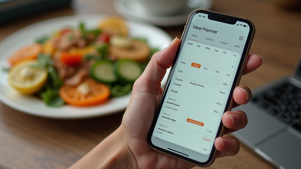 Close-up view of a smartphone screen showing a meal planning app with a weekly calendar