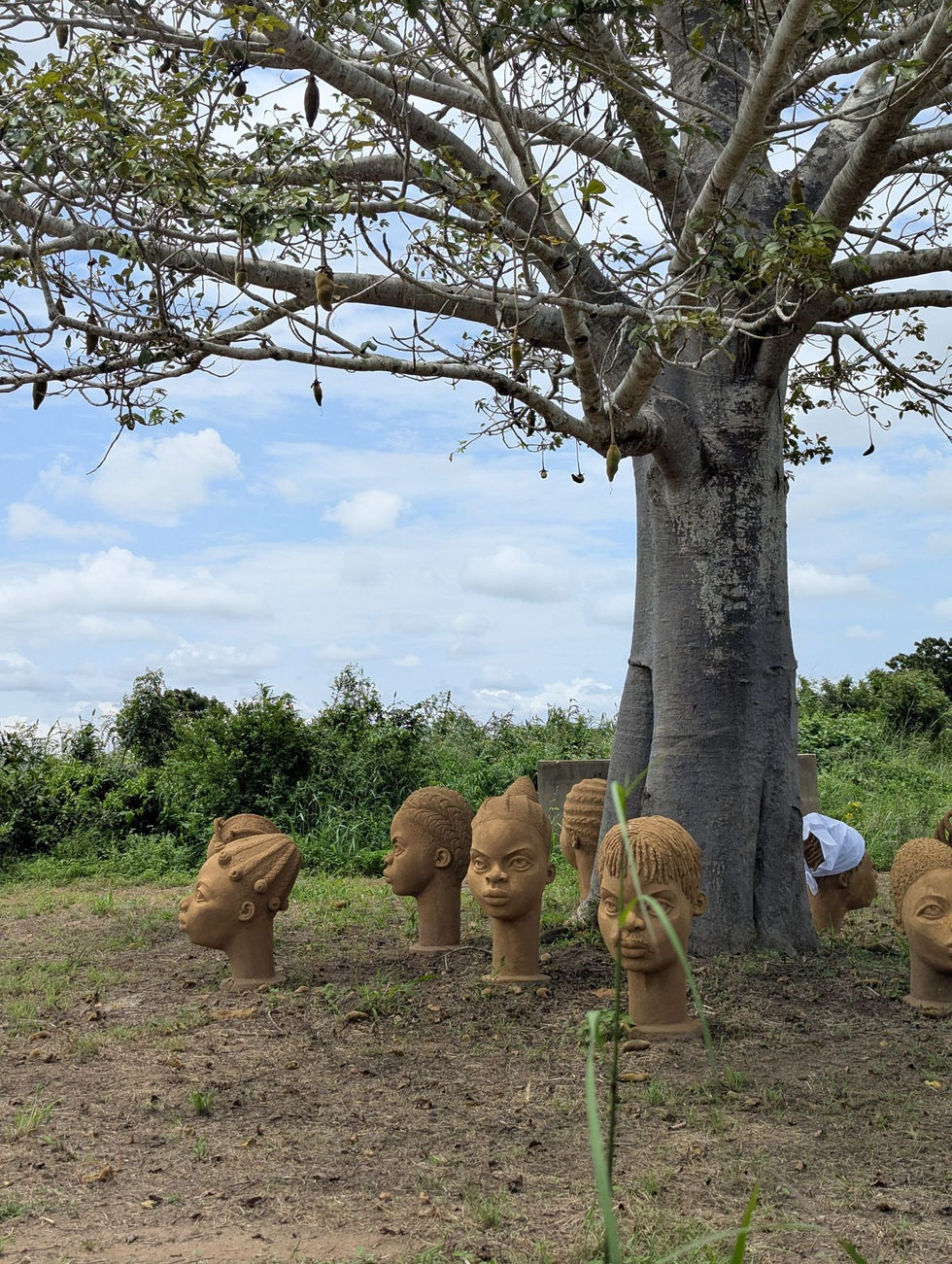Baobab tree and sculptures at Nkyimkyim Museum in Ada