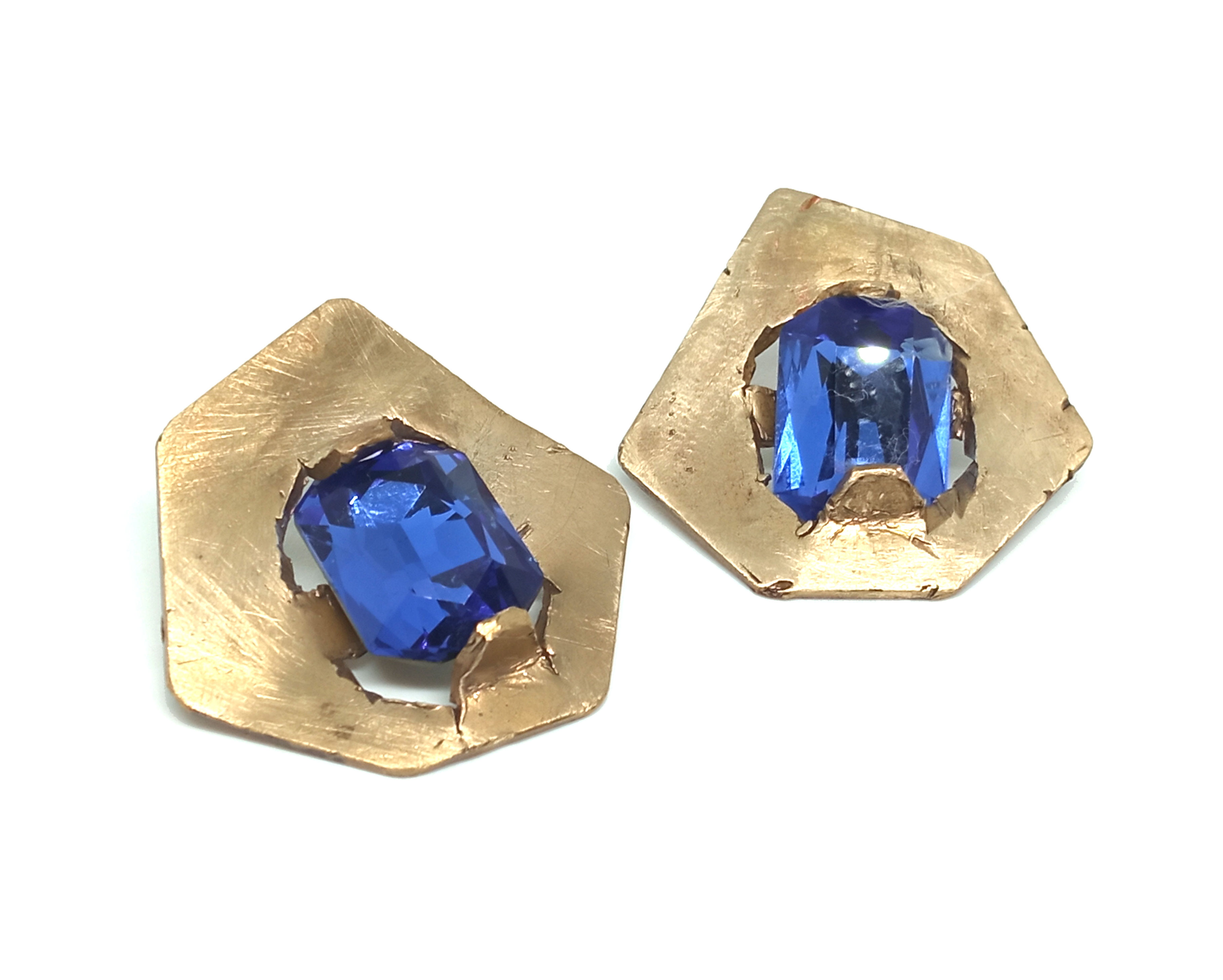 Exagonal Brass Blue Earrings