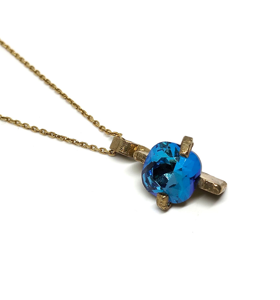 Brass Cross Pendant Crystal Blue Necklace