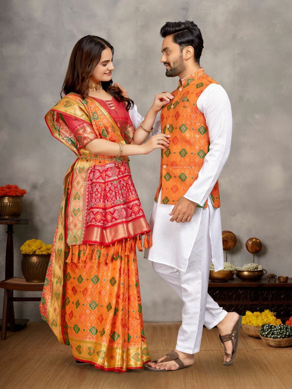 Thumbnail: Indian couple partywear outfit / matching saree and kurta set for couples 