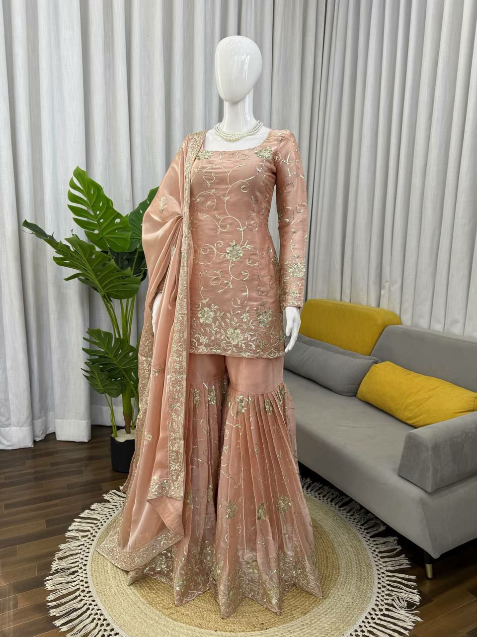 Peach embroidered sharara suit