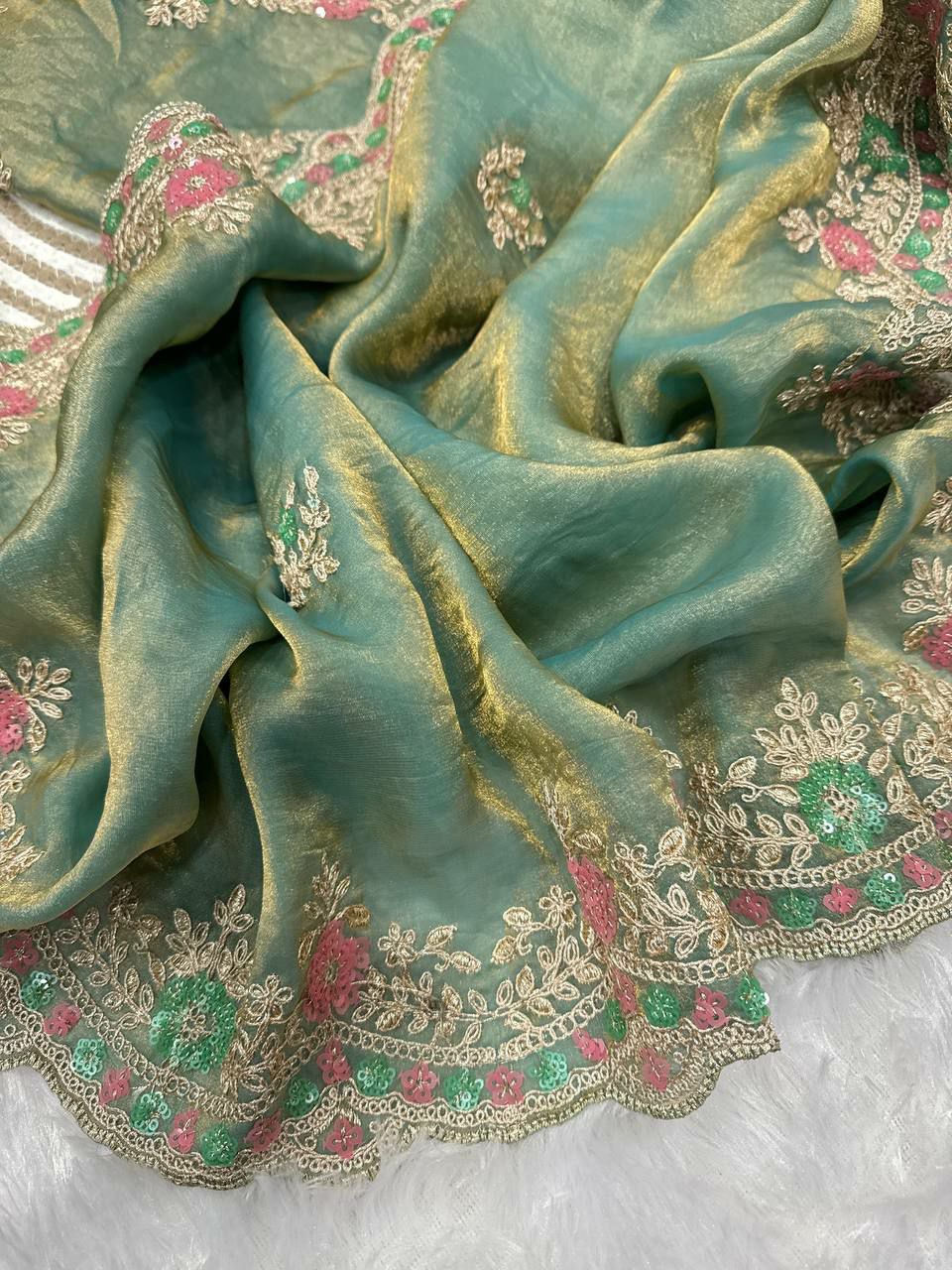 Thumbnail: Beautiful partywear saree with multicoloured embroidery work 