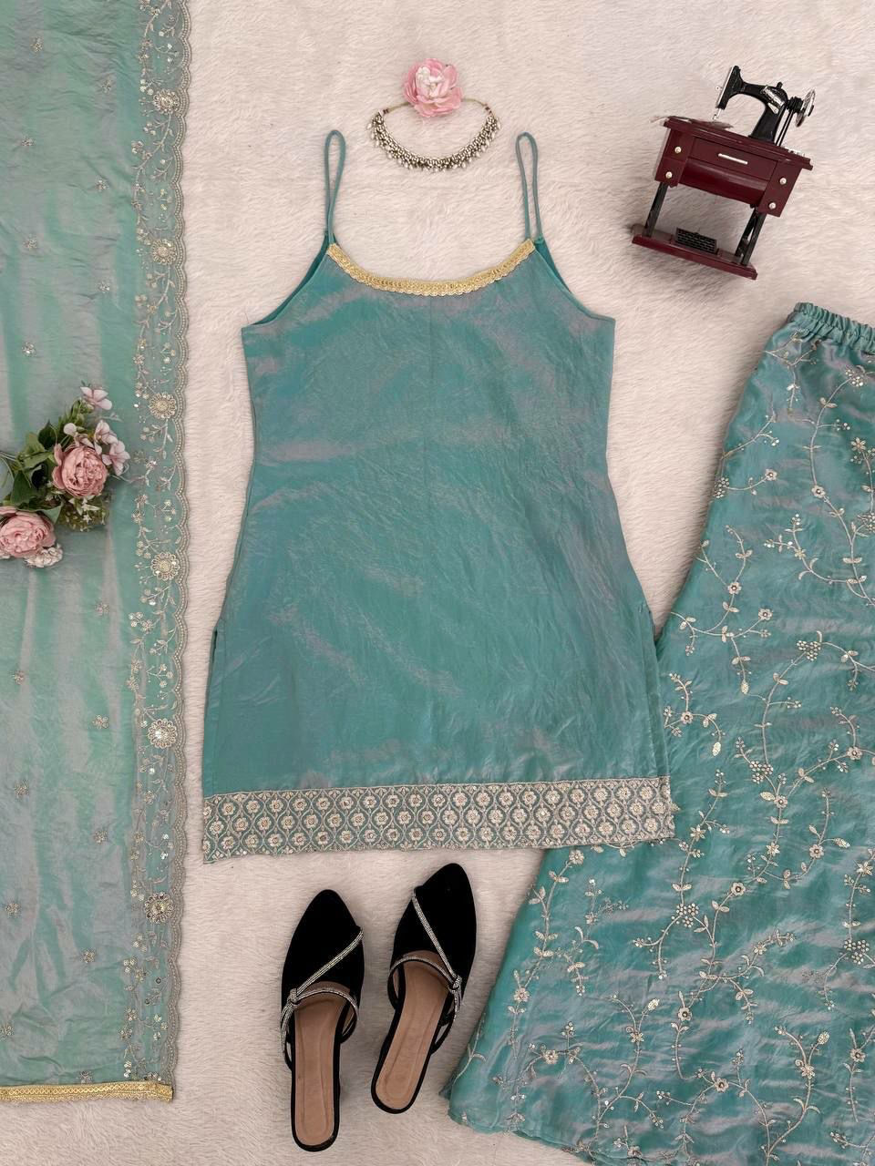 थंबनेल: Teal Gold embroidered Sharara Suit