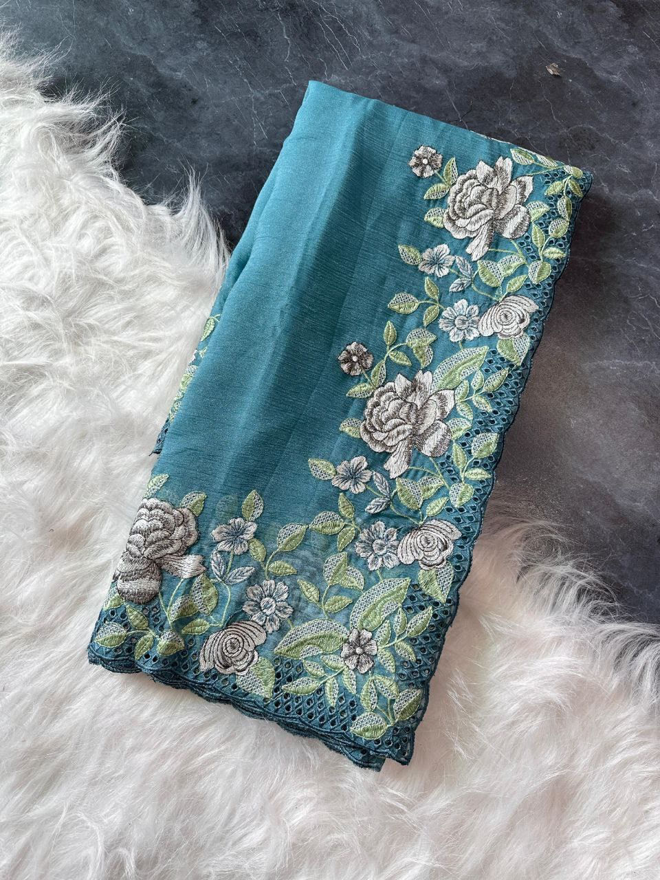 Partywear saree with beautiful floral embroidery and cut work