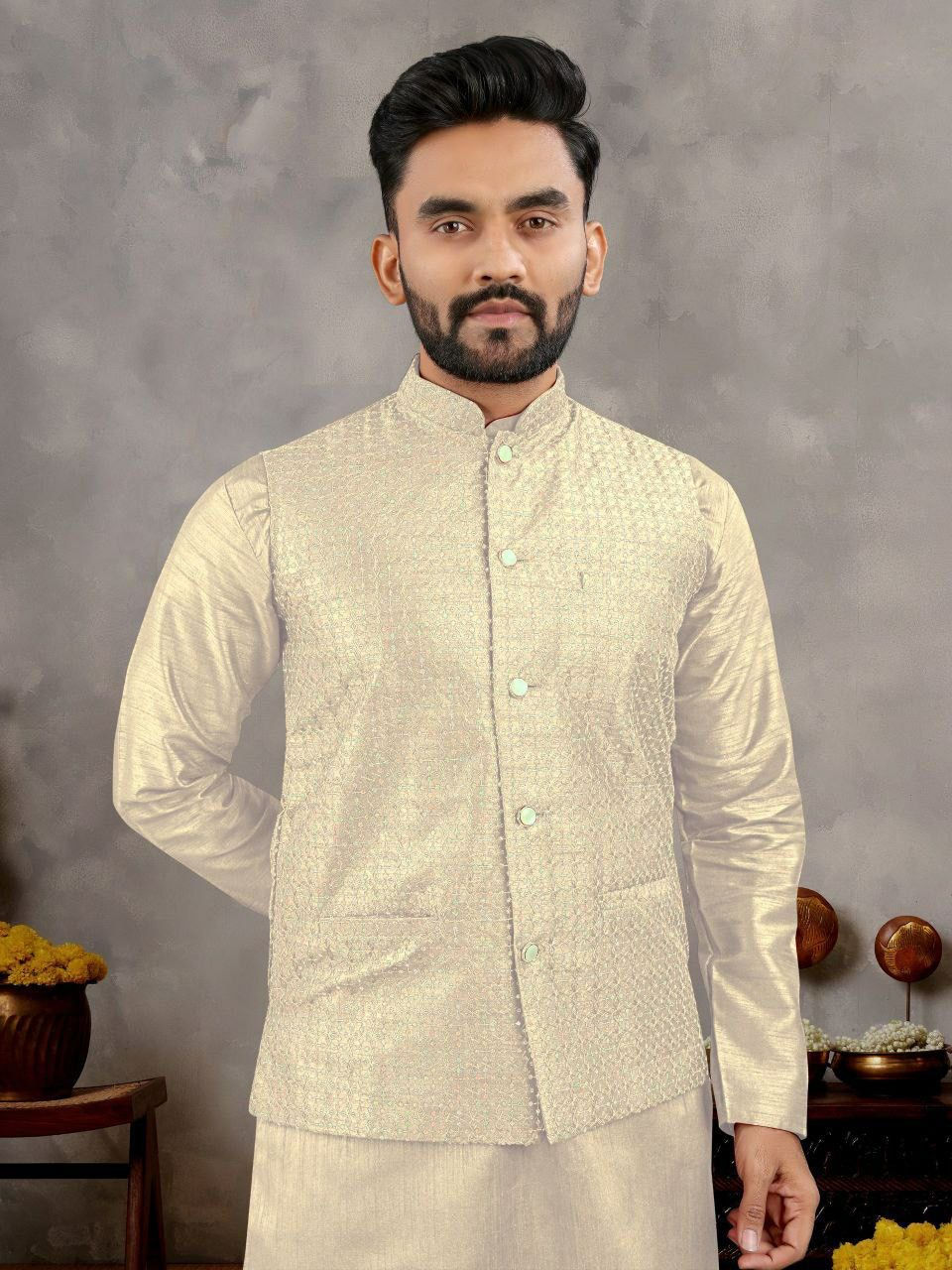 Thumbnail: Banglori Silk kurta pajama with jacket / koti