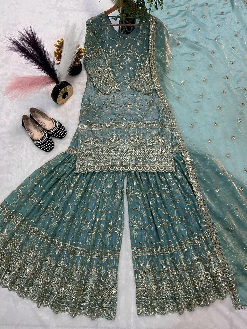Thumbnail: Beautiful heavy embroidery gharara suit