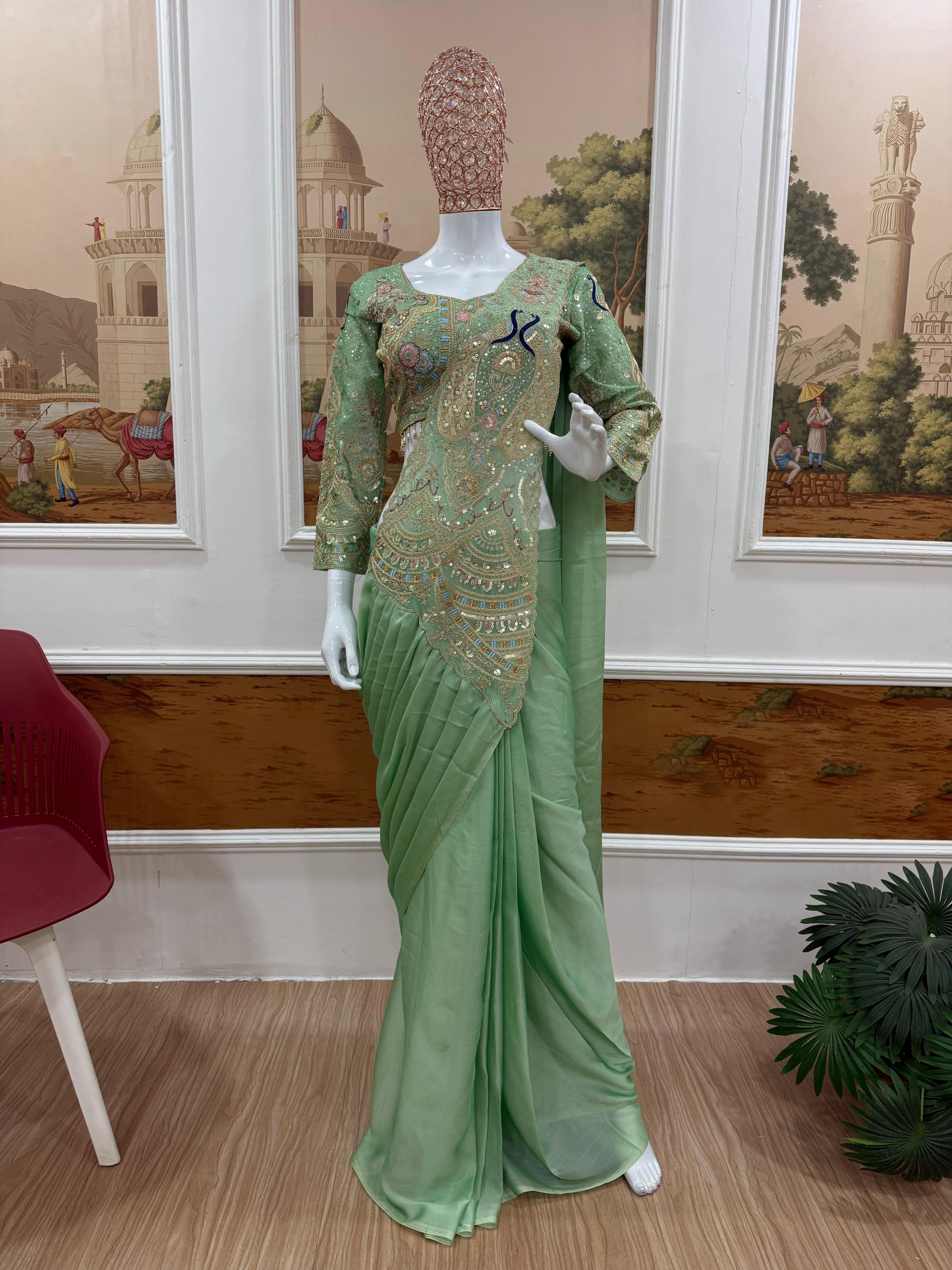 Gorgeous ready to wear peacock embroidered partywear saree