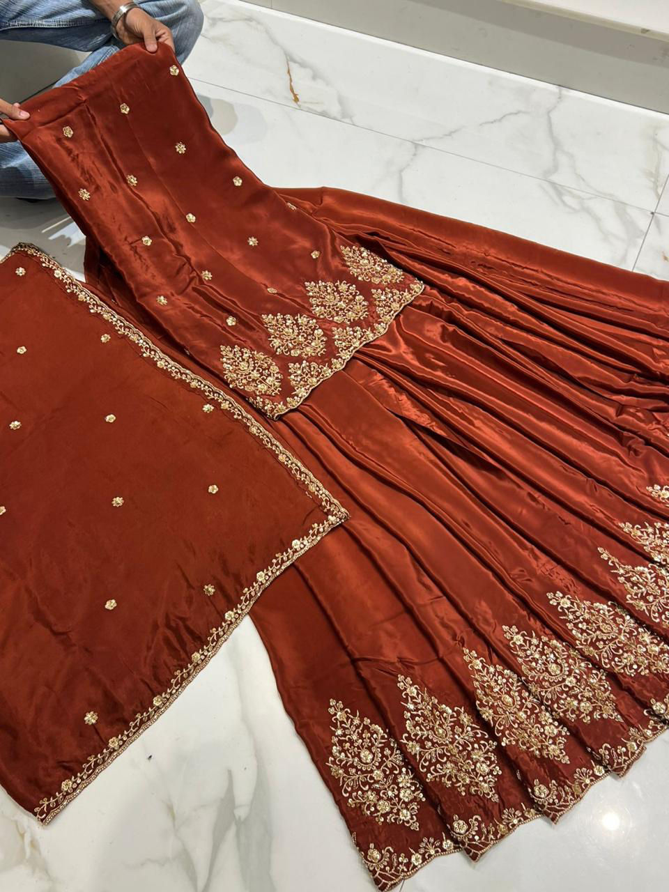 Thumbnail: Partywear handwork suit in rust colour fully stitched 