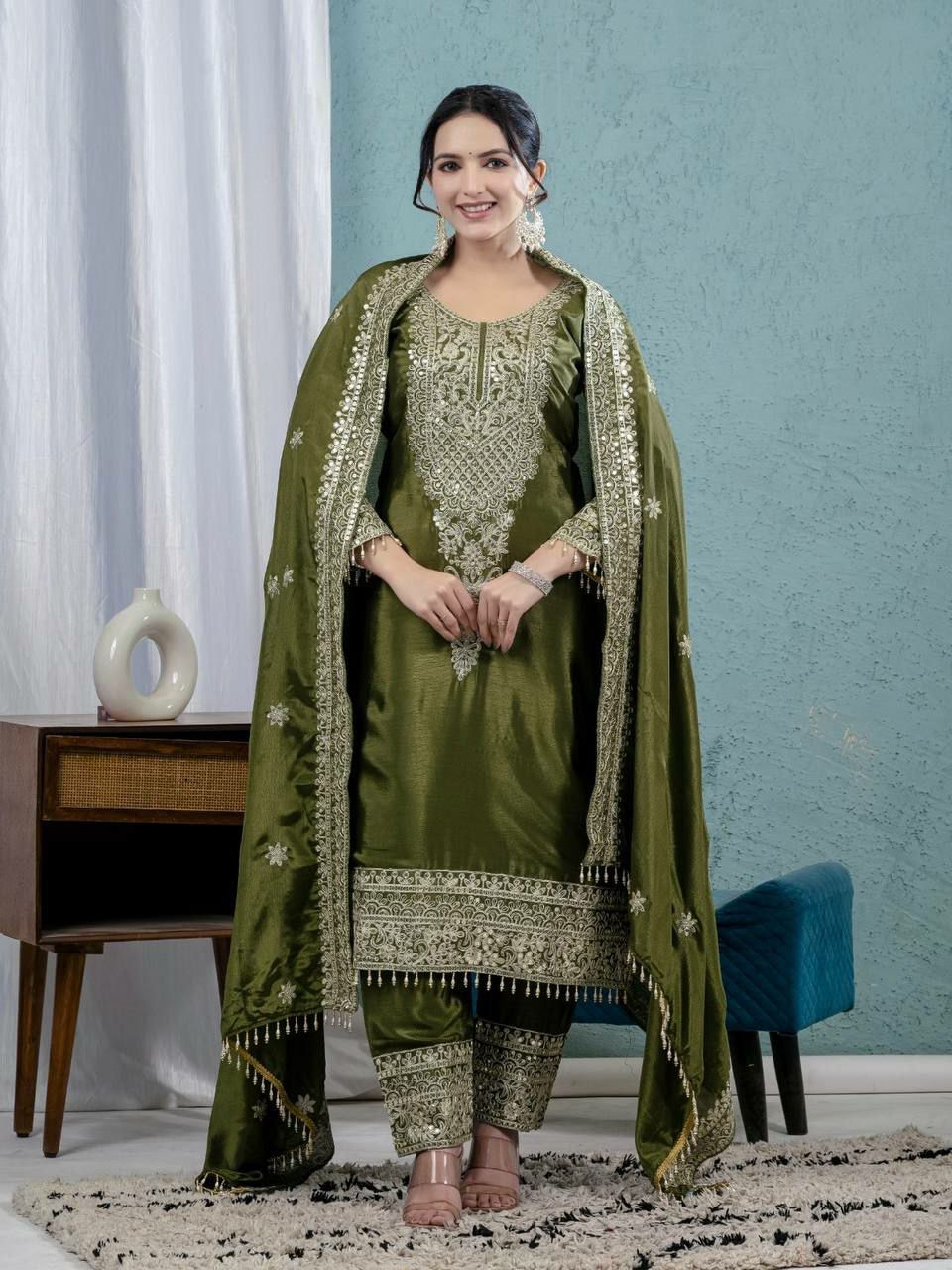 Pure Chinnon silk suit with embroidery work