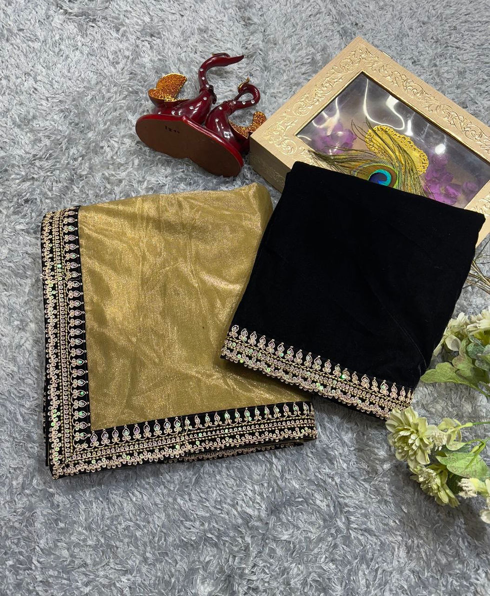 Thumbnail: Eye catching balck and golden colour beautiful partywear saree
