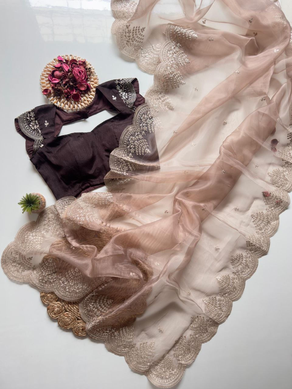 Thumbnail: Beautiful partywear saree with coffee colour blouse 