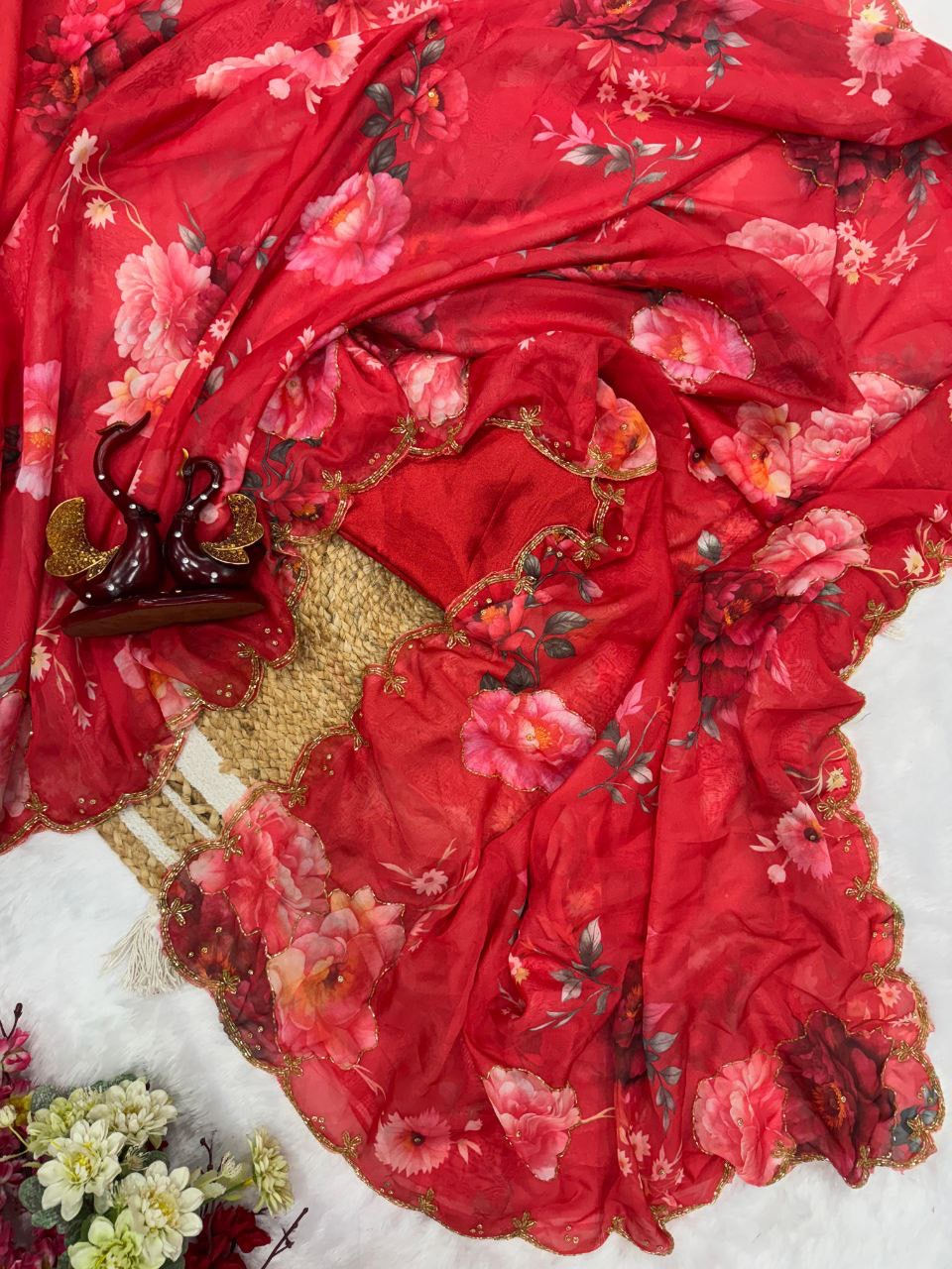 Thumbnail: Gorgeous red partywear floral saree