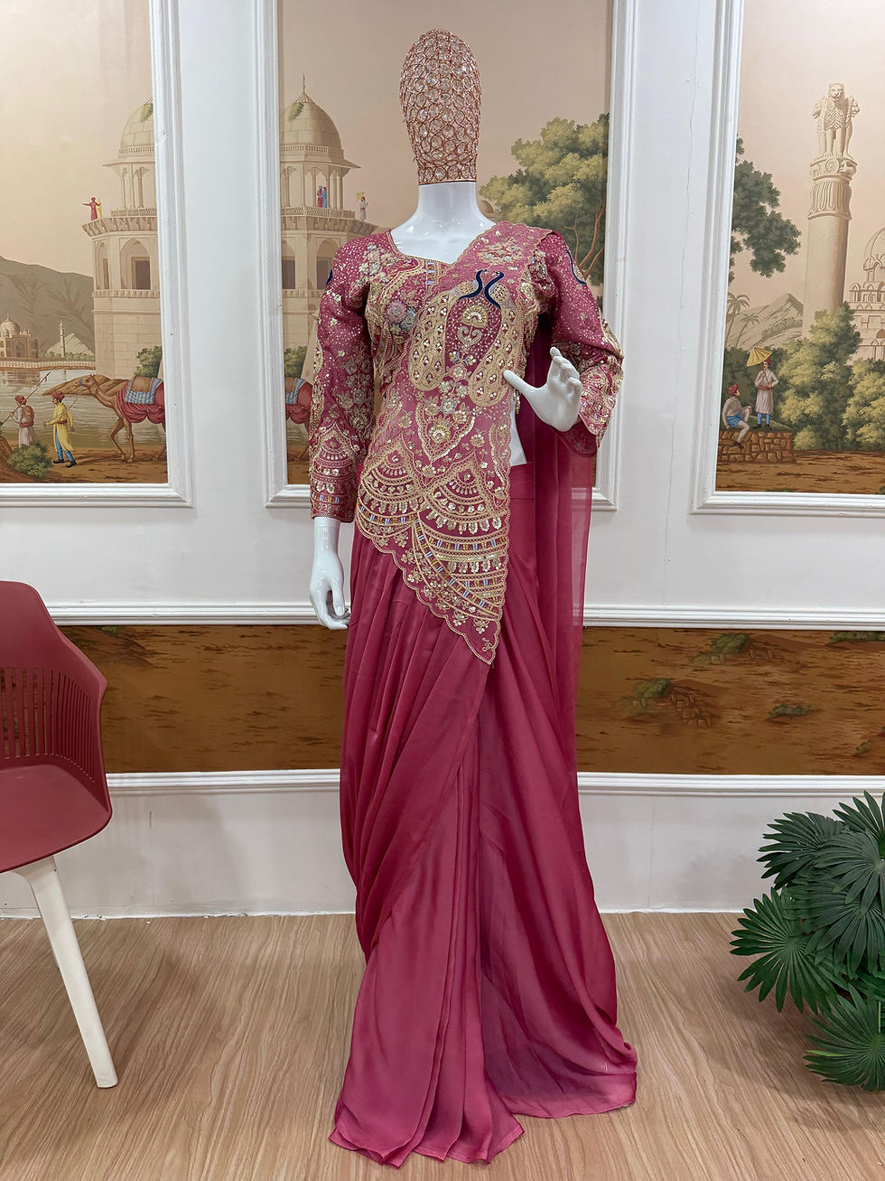 Thumbnail: Gorgeous ready to wear peacock embroidered partywear saree