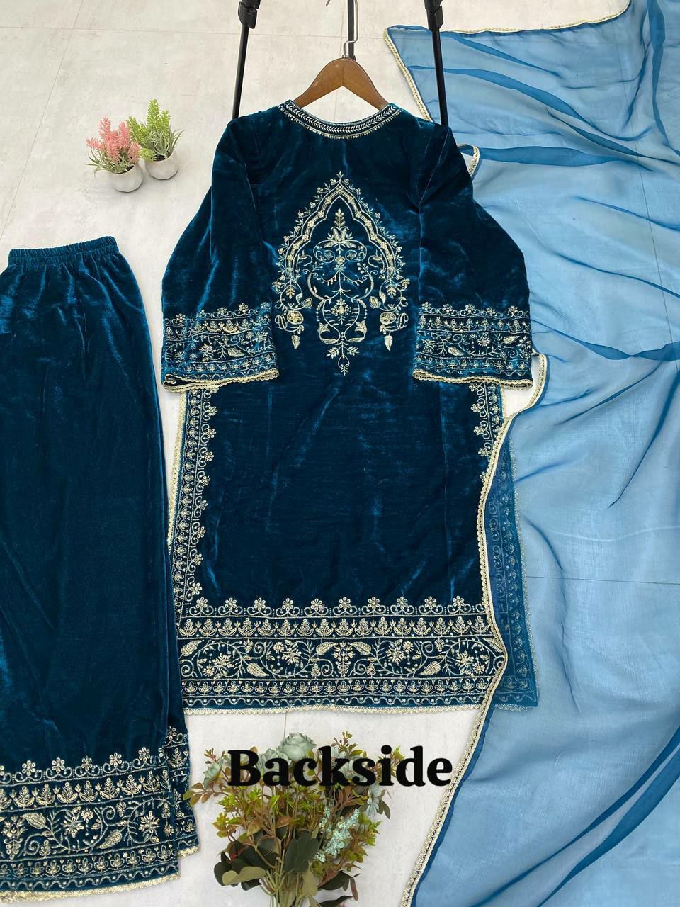 Thumbnail: Partywear velvet suit with front and back embroidery work 