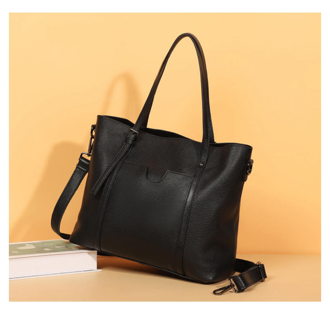Genuine leather tote bag black #704
