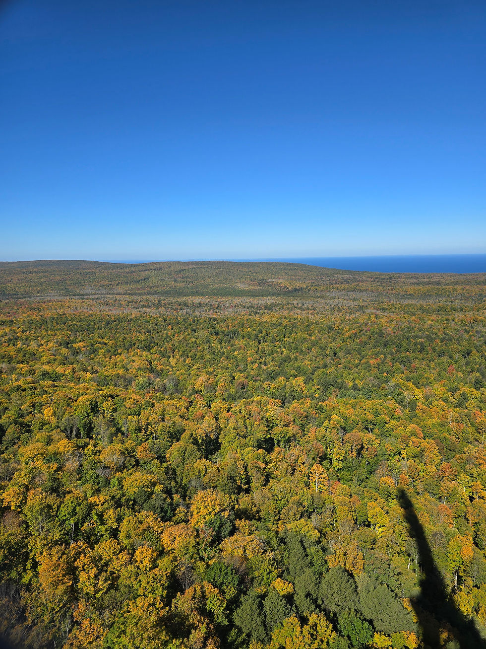View from the top of Copper Peak showing maples just starting to turn and Lake Superior