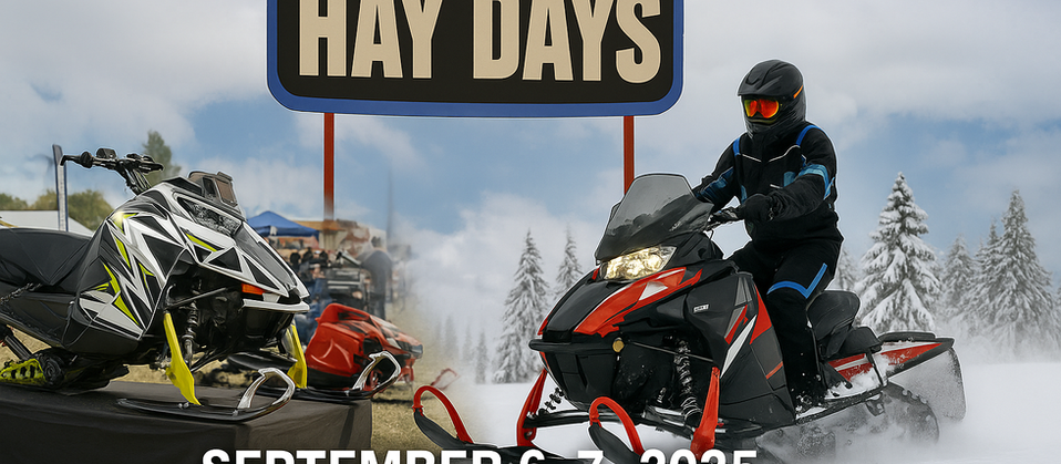 “Snowmobiles at Hay Days 2025 in North Branch, Minnesota with riders on snowy U.P. trails promoting Michigan snowmobile adventures.”