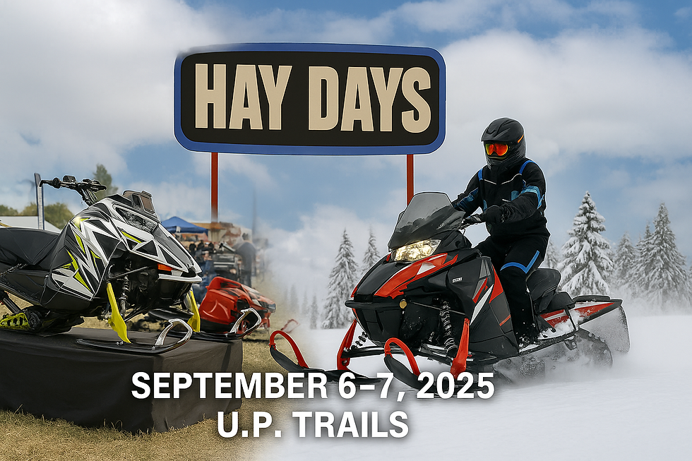 “Snowmobiles at Hay Days 2025 in North Branch, Minnesota with riders on snowy U.P. trails promoting Michigan snowmobile adventures.”
