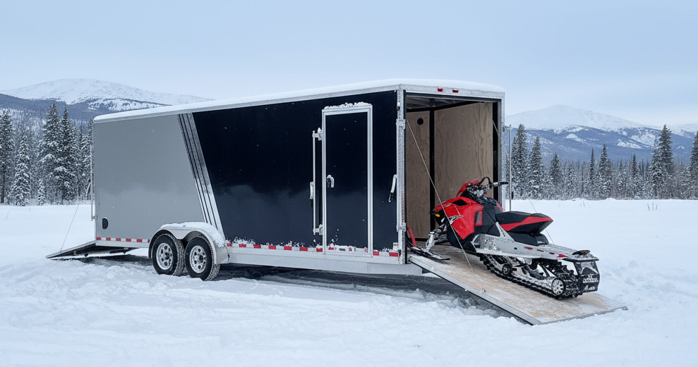 Eye-level view of a contractor trailer interior with organized shelves and tool storage.