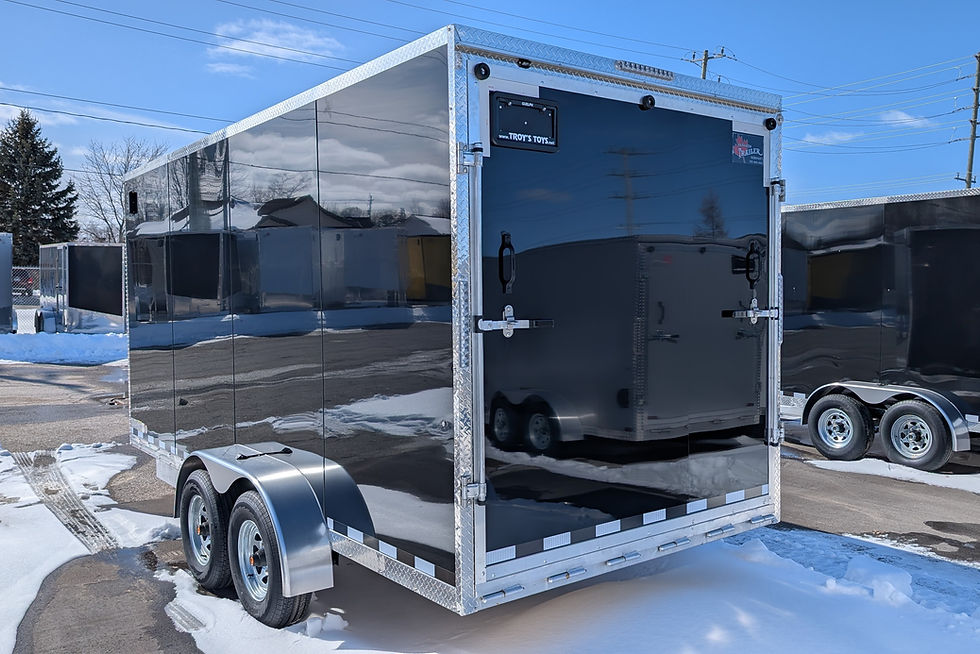 Rear view of black tandem axle cargo trailer