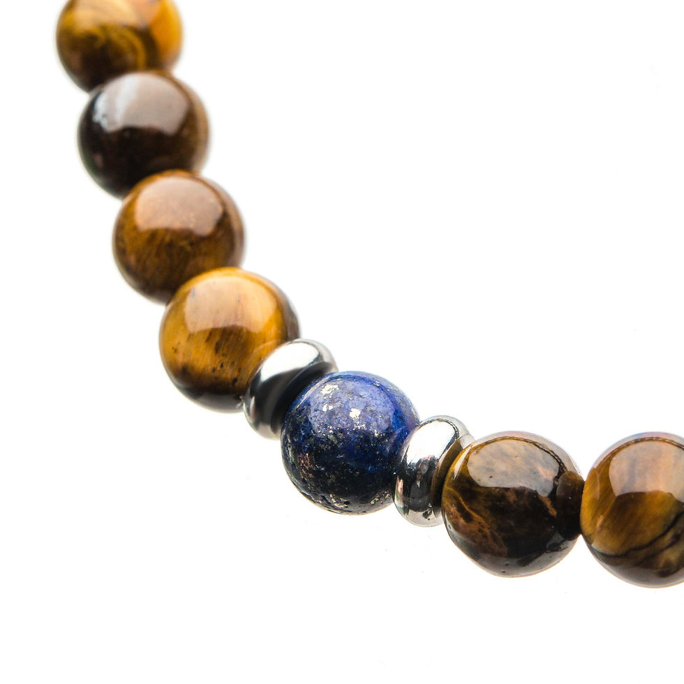 Thumbnail: Close-up of a beaded bracelet with brown and blue stones 