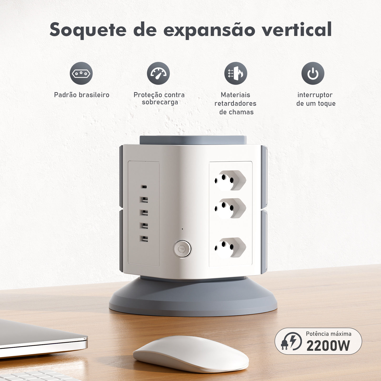 Vertical Power Strip with 9 Br Outlets + 4 USB + Type-C - 2200W, Overload Protec