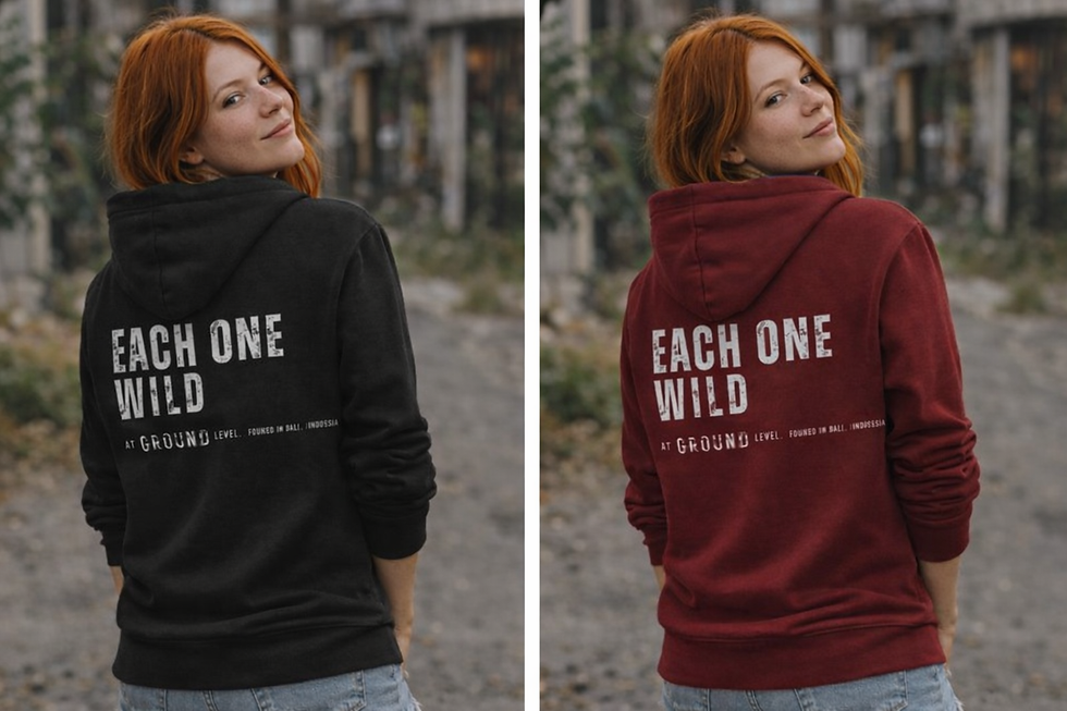 A model wearing two coloured hoodies. both with Each One Wild Logo