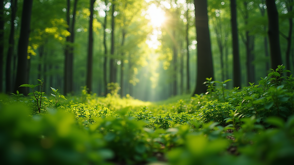 Eye-level view of a vibrant green forest