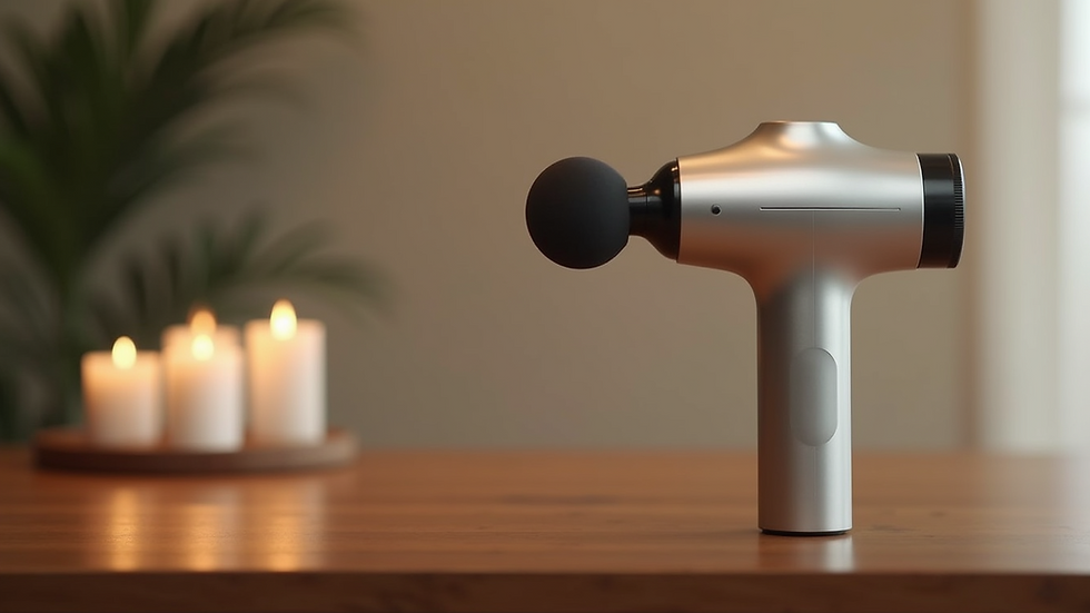 Eye-level view of a Theragun massage gun on a wooden surface