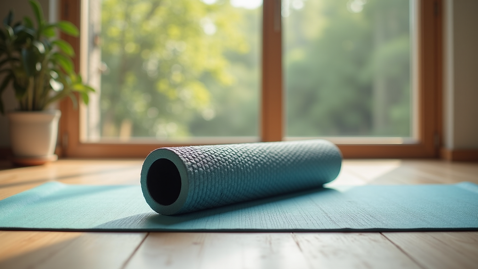 Close-up view of a foam roller on a yoga mat