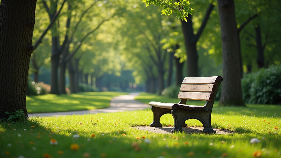 High angle view of a serene park with a peaceful bench under a tree