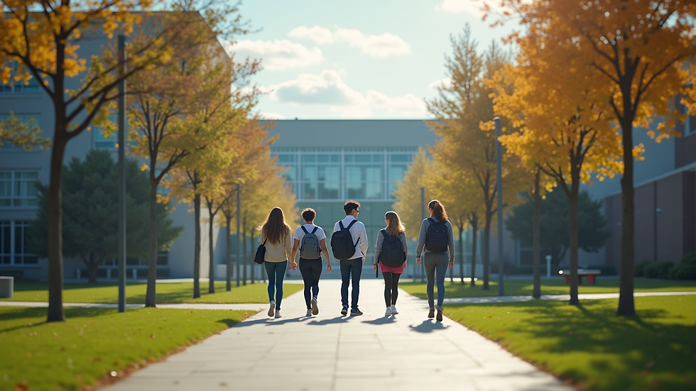 Eye-level view of a medical school campus with students walking