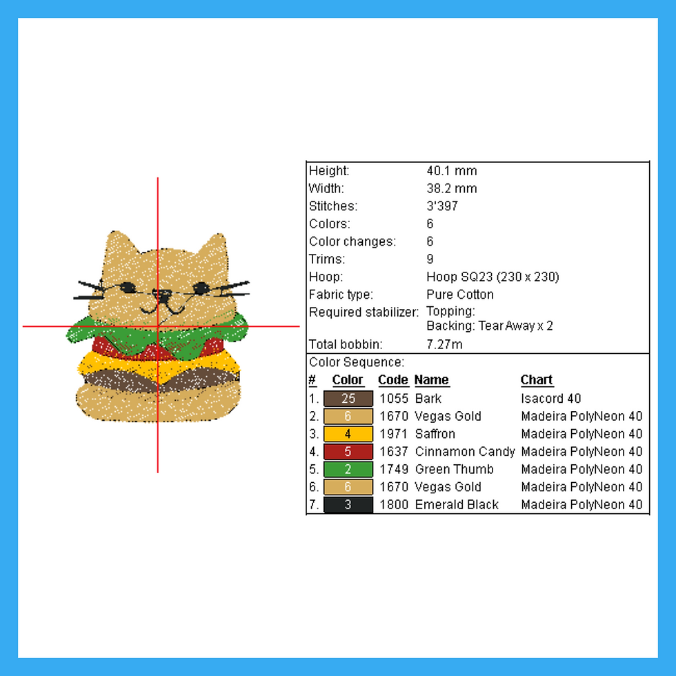 Thumbnail: Design worksheet for a cat hamburger machine embroidery design.