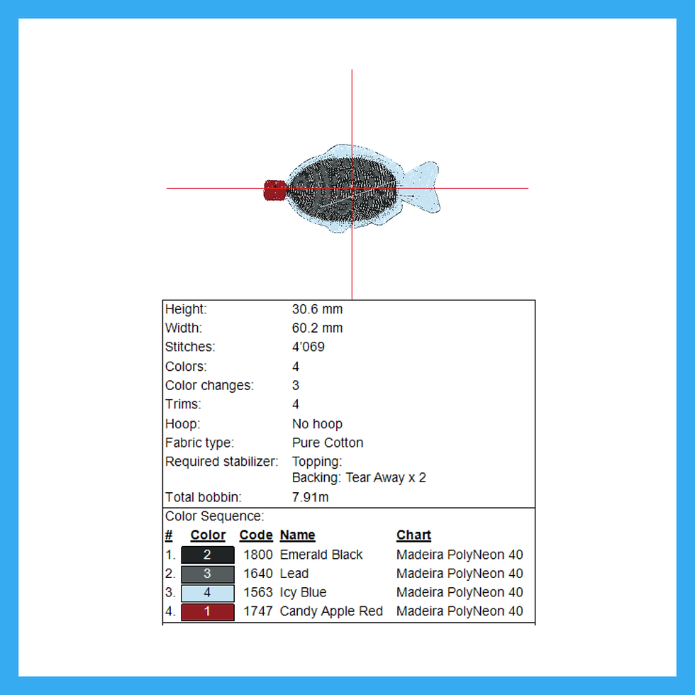 Thumbnail: Digital rendering of soy sauce fish machine embroidery design with thread color sequence chart, cute soy packet kawaii sushi