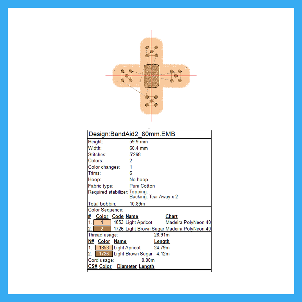 Thumbnail: Technical stitch sheet for the crossed double band aid machine embroidery design — showing stitch path, 2 colors with 1 threa