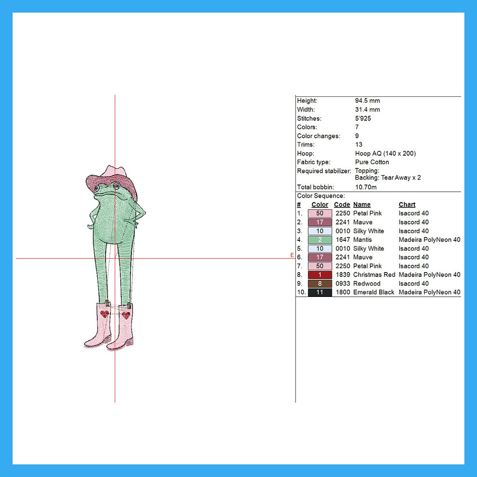 Thumbnail: Embroidery design worksheet for a cowgirl frog wearing matching cowboy hat and boots.