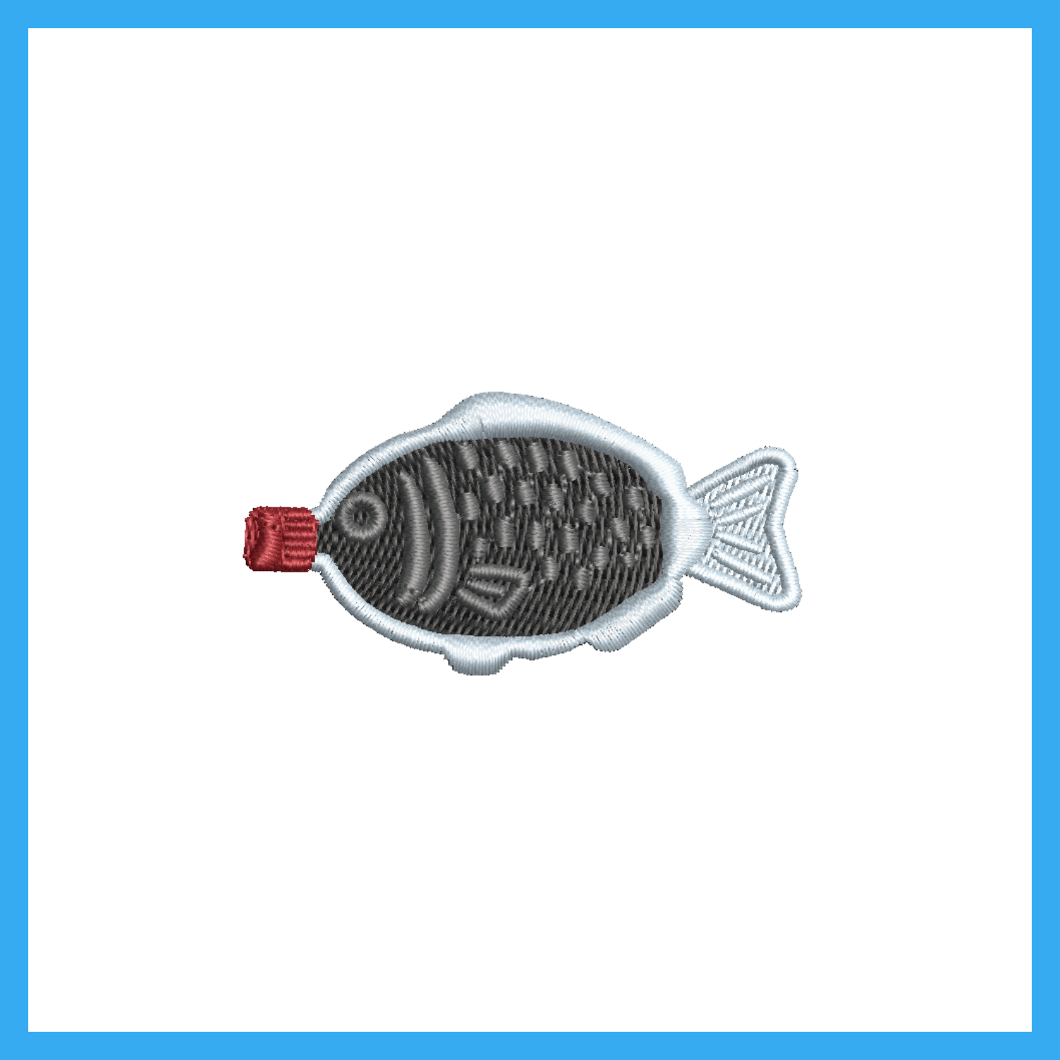 Digital rendering of cute soy packet embroidery, soy sauce fish kawaii sushi condiment machine embroidery design with red cap