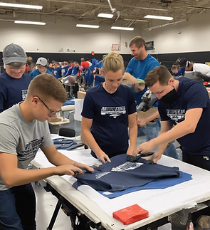 design team doing t shirt heat press at 