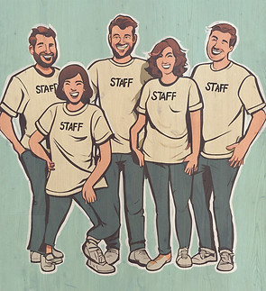 happy staff with matching shirts that sa