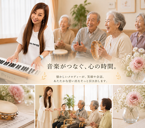 笑顔の音楽療法士と楽しそうに歌を歌う高齢者たち