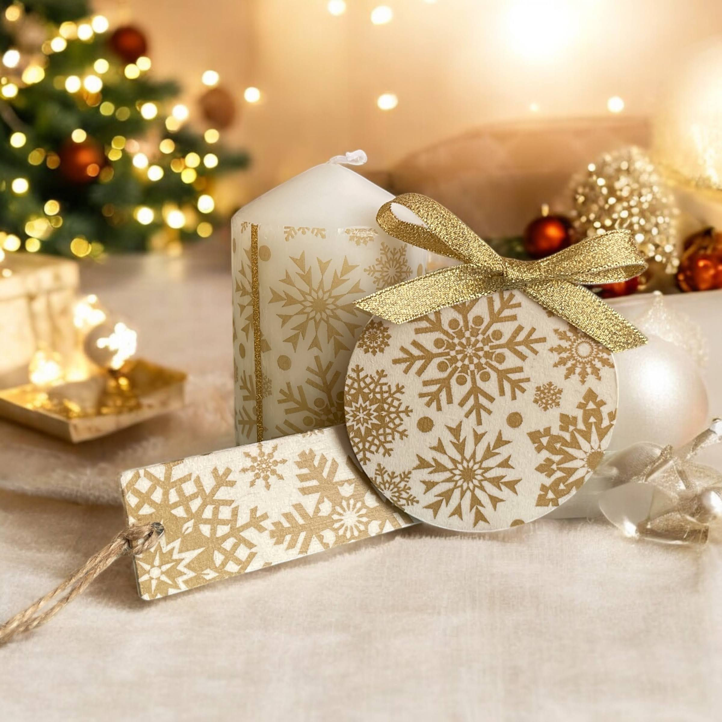 Golden Snowflakes (31C) | Bookmark, candle & ornament