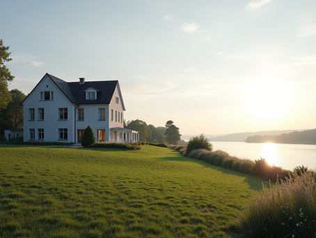 Weitwinkelaufnahme einer eleganten Villa in Blankenese mit Blick auf die Elbe