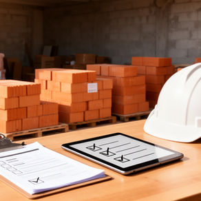 Ilustração de blocos de construção, documentos de entrega e tablet usados na conferência de materiais de uma obra.